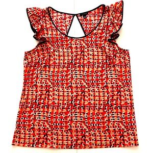 Ann Taylor Red/Orange/Tan/Black Sleeveless Ruffled Back Cut Out Blouse Size 10
